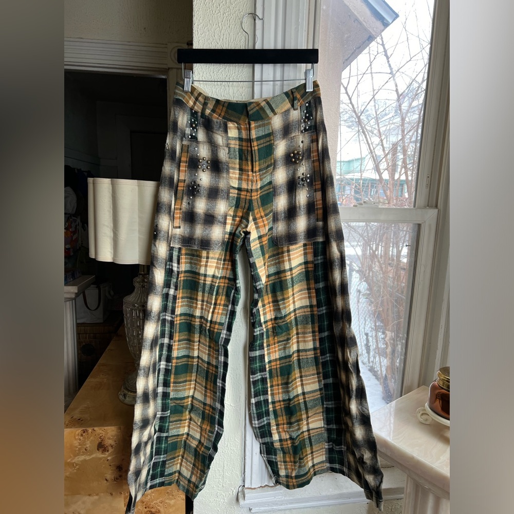 Free People Studded Plaid Wide Leg Pants